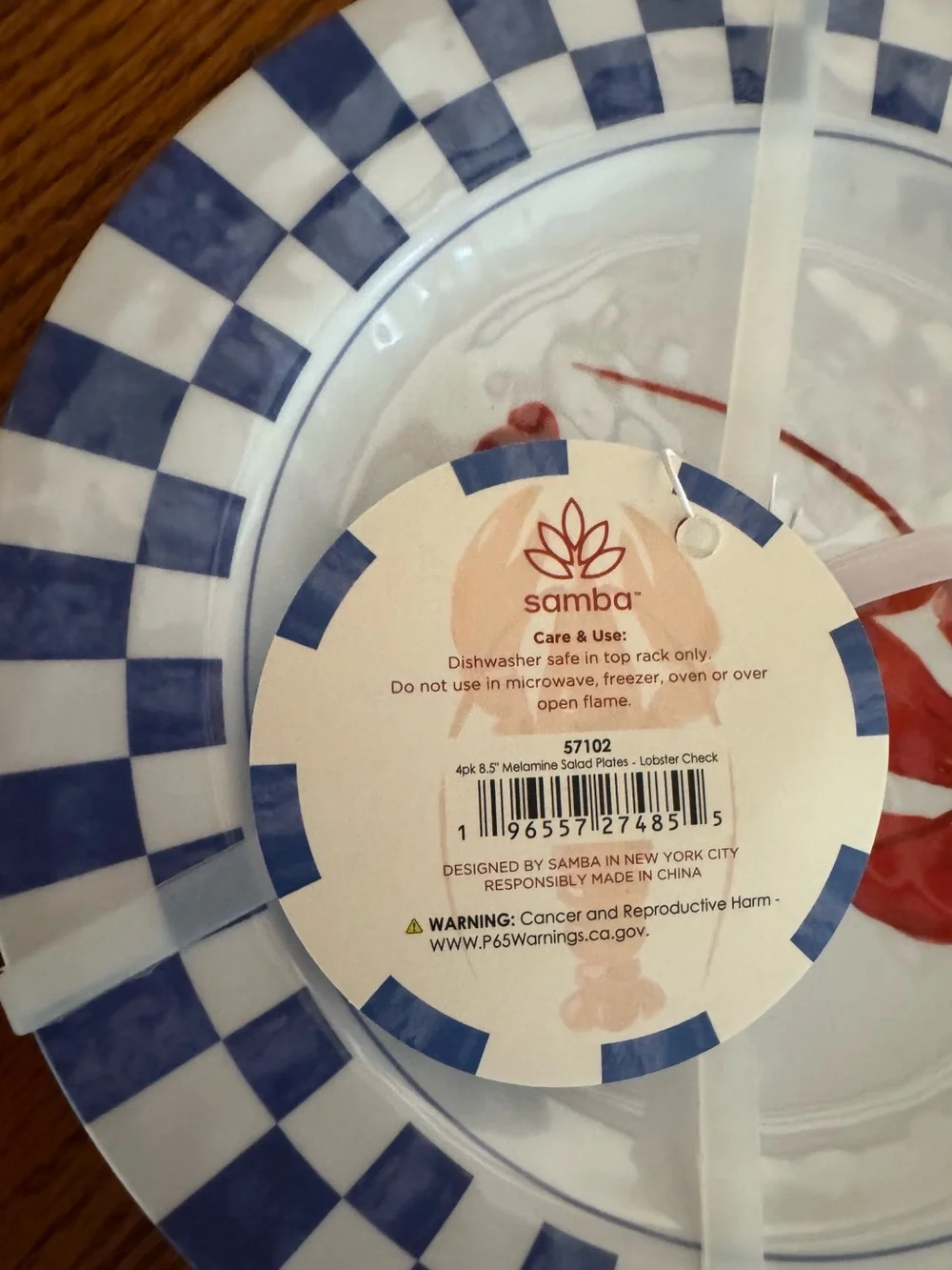 SAMBA MELAMINE BLUE CHECK LOBSTER SIDE SALAD 8 PLATES NEW